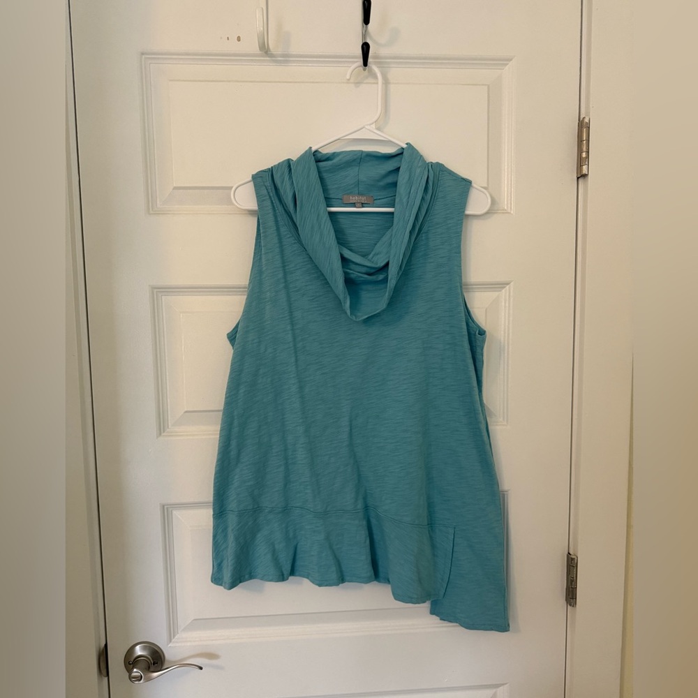 Women’s sleeveless, asymmetrical hem, cowl neck shirt, medium, teal